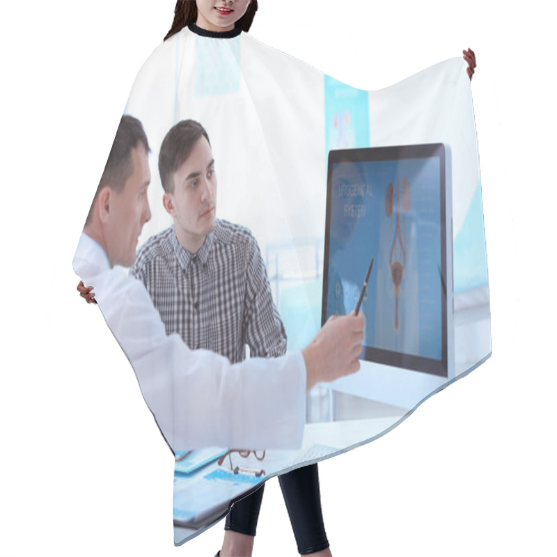 Personality  Medical Concept. Doctor Showing Results Of Urology Diagnostic On Computer Monitor Hair Cutting Cape