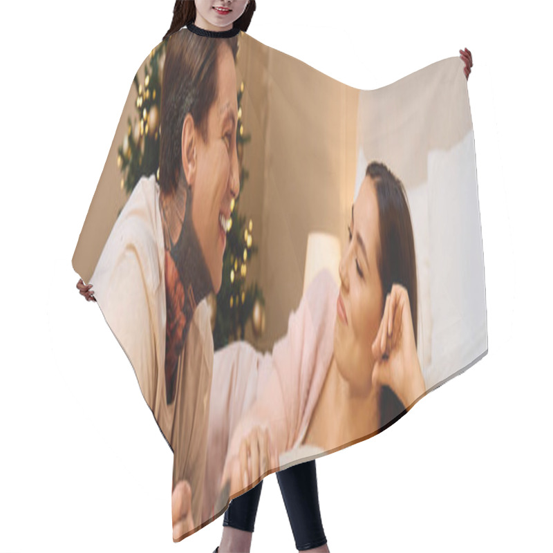 Personality  A Young Couple Enjoys Laughter And Love In A Warm, Festive Atmosphere At Home. Hair Cutting Cape