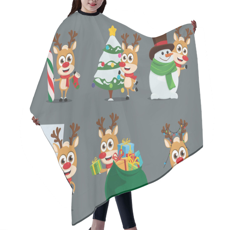 Personality  Reindeers Character Vector  Set. Reindeer Characters In Different Christmas Activity Pose And Gestures Like Xmas Tree Decorating And Gift Giving For Holiday Season Design. Vector Illustration   Hair Cutting Cape