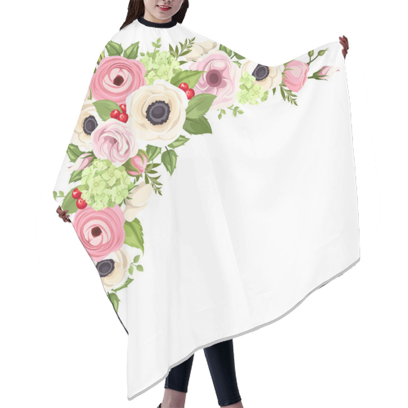 Personality  Pink And White Anemones, Lisianthuses, Ranunculus And Hydrangea Flowers And Green Leaves. Vector Corner Background. Hair Cutting Cape