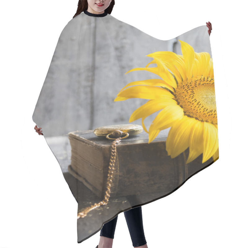 Personality  Sunflower - Flower Background, Gold Pocket Watch And Book Hair Cutting Cape