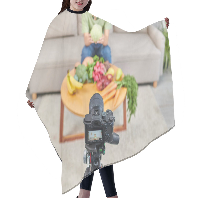 Personality  High Angle View Of Digital Camera Near Cropped Woman With Plant Origin Products During Video Blog Hair Cutting Cape