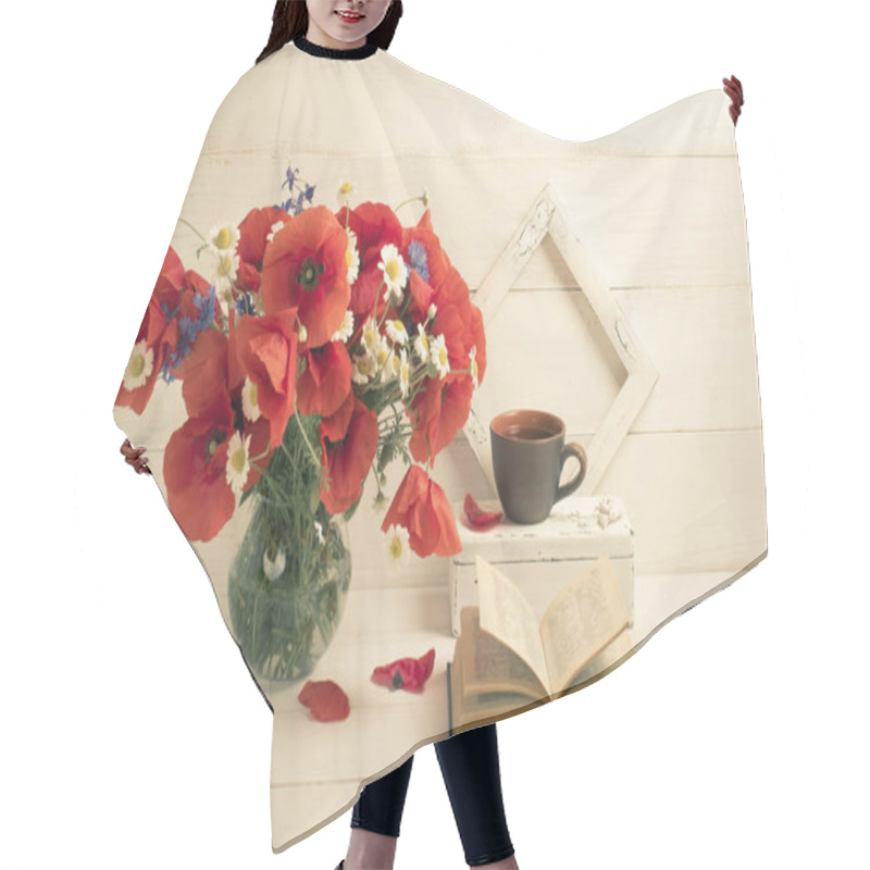 Personality  Red Poppies Bouquet In Round Vase, Open Book, Tea Cup  Hair Cutting Cape