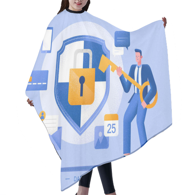 Personality  Man Holding A Key To Encrypt His Personal Information, Concept Of Privacy, Data Protection And Cyber Security, In Flat Style Hair Cutting Cape