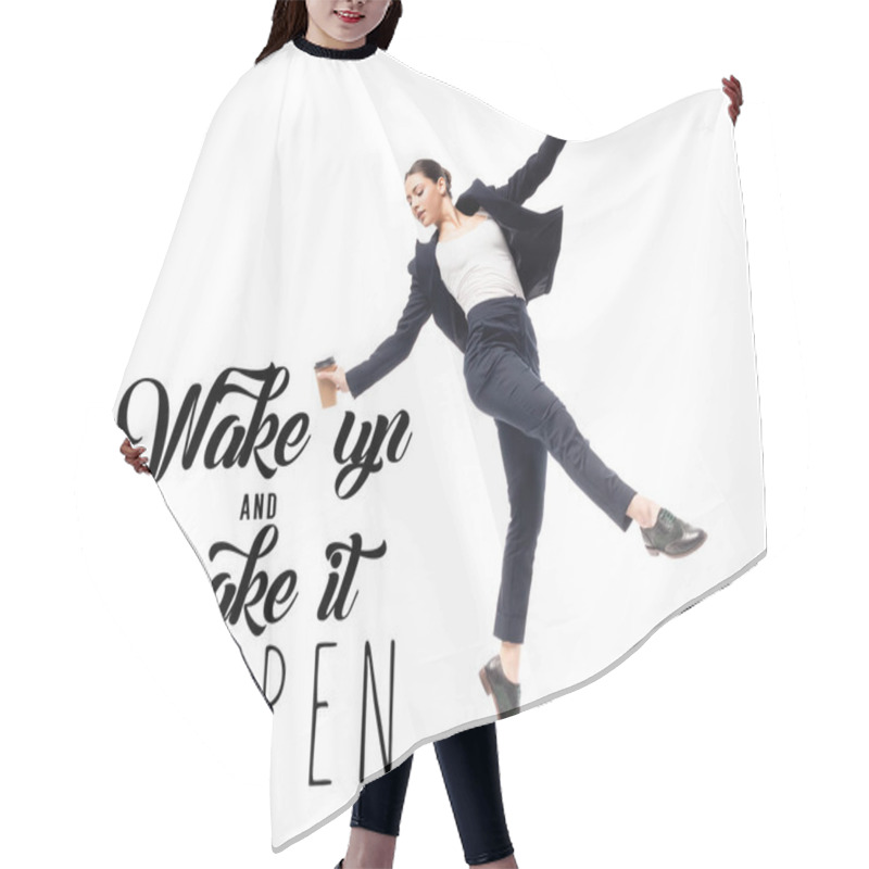 Personality  Young Businesswoman Holding Coffee To Go And Dancing Near Wake Up And Make It Happen Lettering Isolated On White Hair Cutting Cape