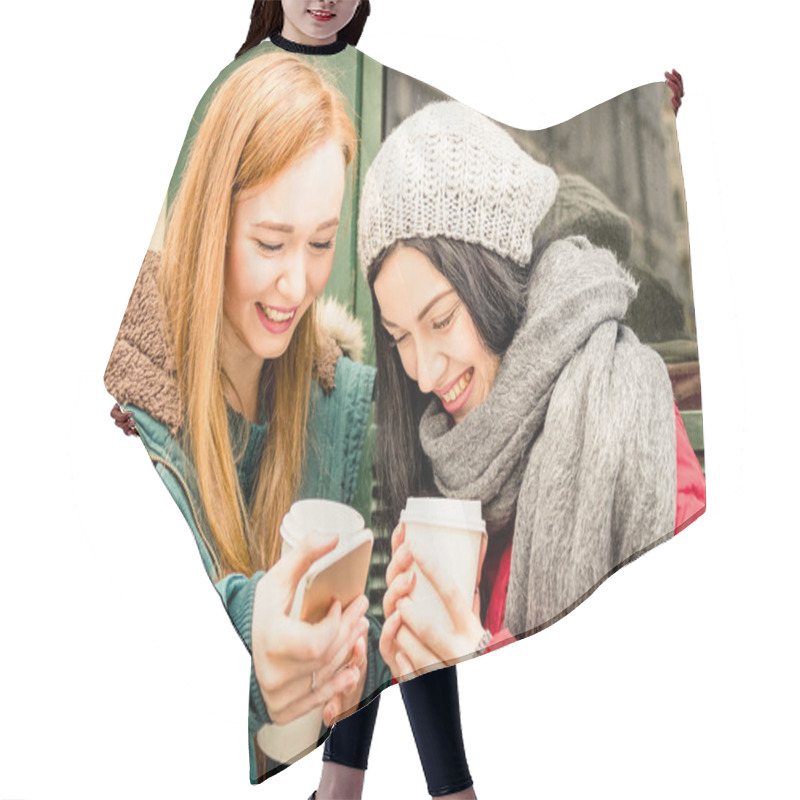 Personality  Happy Girlfriends Best Friend Having Fun With Coffee Takeaway Cup In Autumn Season - Friendship Concept With Joyful Girls Sharing Time Together With Smartphone And Winter Clothes - Bright Vivid Filter Hair Cutting Cape