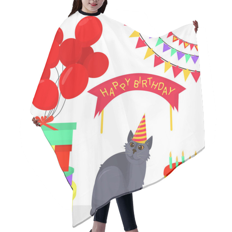 Personality   A Set Of Festive Vector Illustrations On The Theme Of Birthday With Gifts, Balloons, Flags And A Funny British Cat In A Cap Hair Cutting Cape