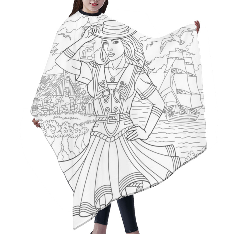 Personality  Beautiful Woman By The Sea, Sailing Ship And Flying Seagulls. Adult Coloring Book Page In Mandala Style Hair Cutting Cape