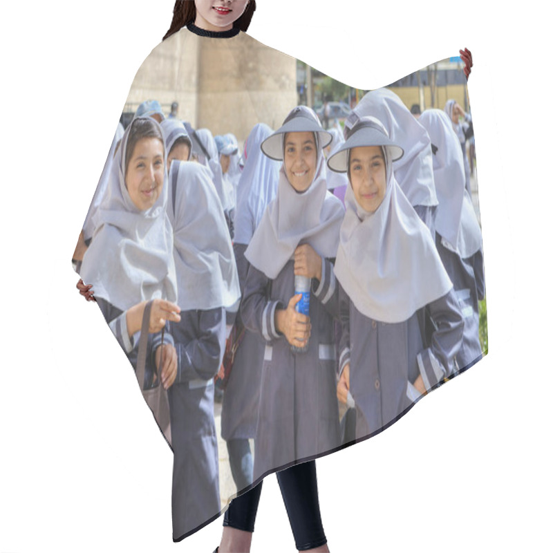 Personality  School Uniform Iranian School Girls With Hijab And Head Visor, Shiraz, Iran. Hair Cutting Cape