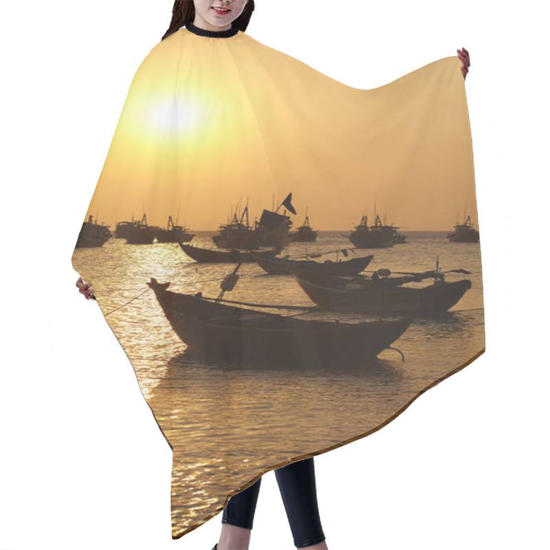 Personality  Silhouettes Of Boats At Sunset Hair Cutting Cape