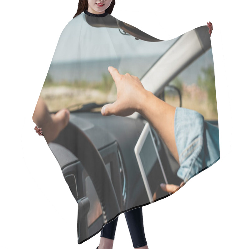 Personality  Cropped View Of Man Pointing With Finger Near Wife With Digital Tablet In Auto  Hair Cutting Cape