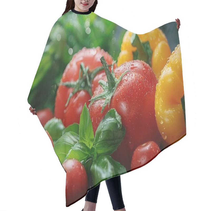 Personality  A Vibrant Assortment Of Fresh Tomatoes, Yellow Peppers, And Basil Leaves Is Spread Across A Rustic Dark Countertop. Different Spices, Including Peppercorns And Salt, Are Scattered Around The Vegetables, Creating A Colorful And Appetizing Display. Hair Cutting Cape