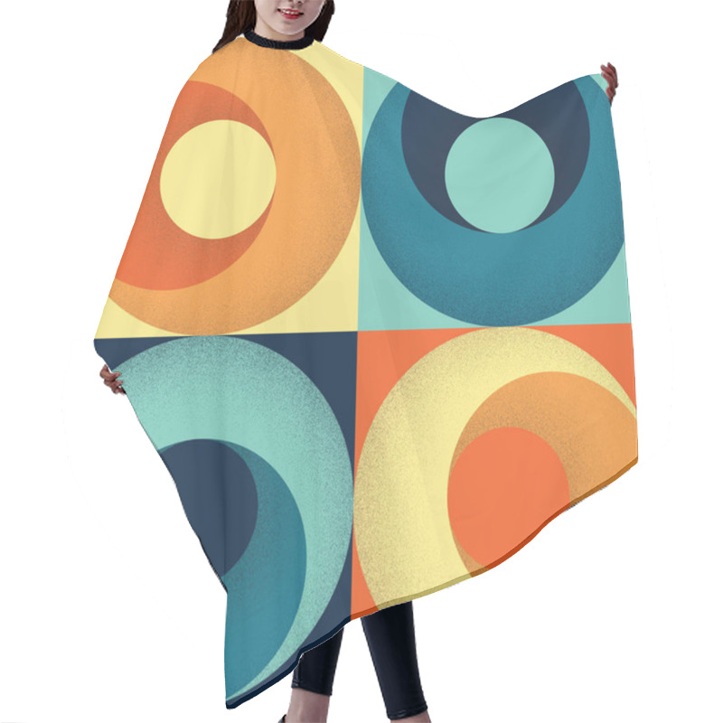 Personality  Seamless 1960s Or 70s Style Geometric Pattern Of Squares And Circles With Stippled Shading. Retro Colour Scheme Of Yellow, Orange, Turquoise And Navy Blue. EPS10 Vector Format. Hair Cutting Cape