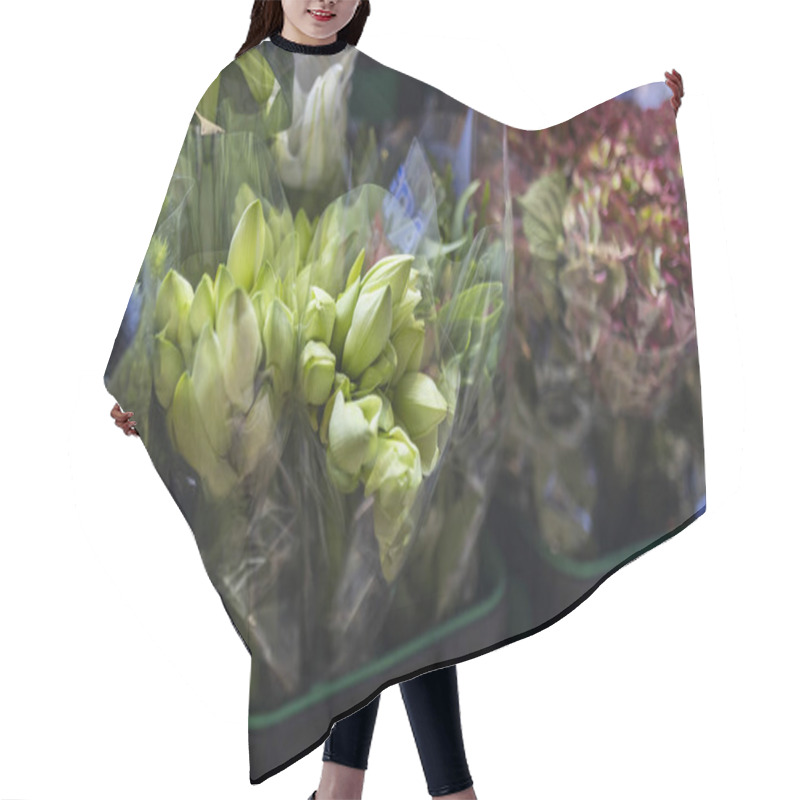 Personality  Bouquets Of Green Lily Buds Among Burgundy Hydrangeas. Hair Cutting Cape