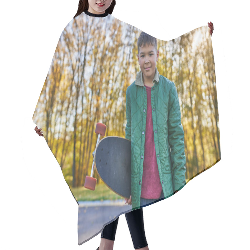 Personality  Happy African American Boy In Outerwear Holding Penny Board, Autumn Park, Fall Season, Portrait Hair Cutting Cape