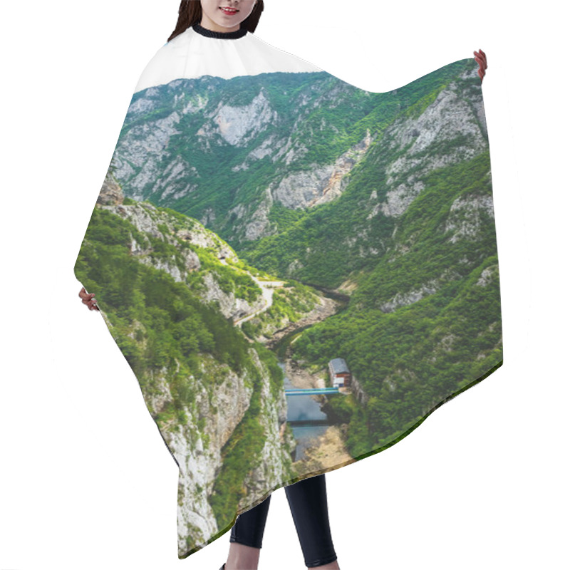 Personality  Aerial View Of Bridge Between Mountains And House In Piva Canyon In Montenegro Hair Cutting Cape