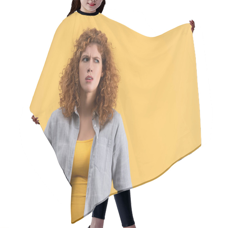 Personality  Confused Redhead Young Woman, Isolated On Yellow Hair Cutting Cape