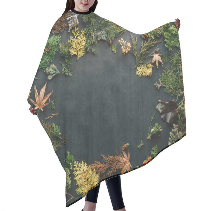 Personality  A Vibrant Arrangement Of Autumn Leaves And Evergreen Plants On A Dark Background. Hair Cutting Cape