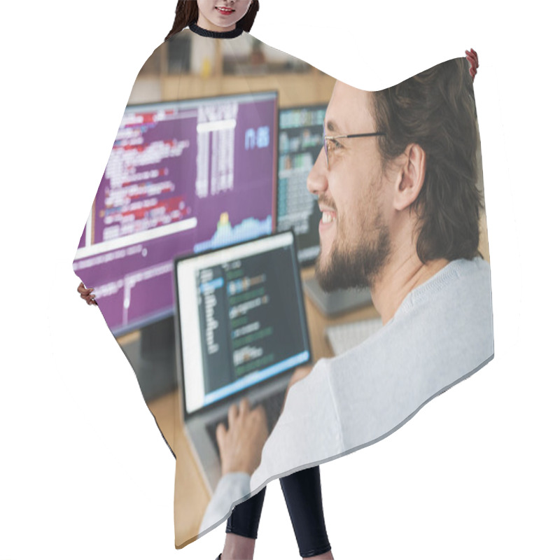 Personality  Image Of Cheerful Caucasian Programmer Man Wearing Eyeglasses Working With Computers In Office Hair Cutting Cape