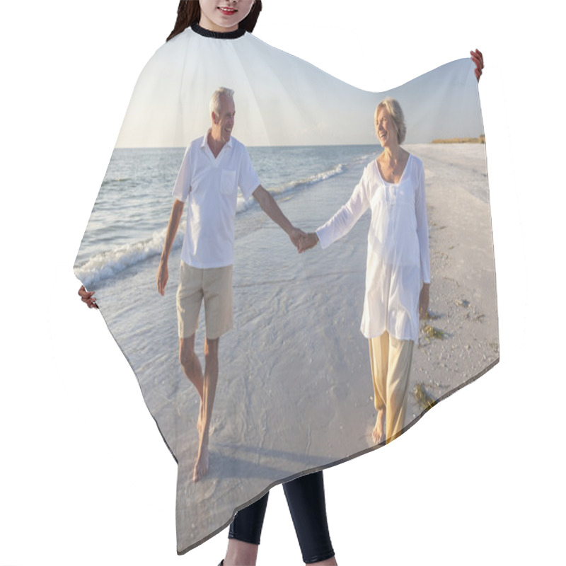 Personality  Happy Senior Couple Walking Holding Hands Tropical Beach Hair Cutting Cape