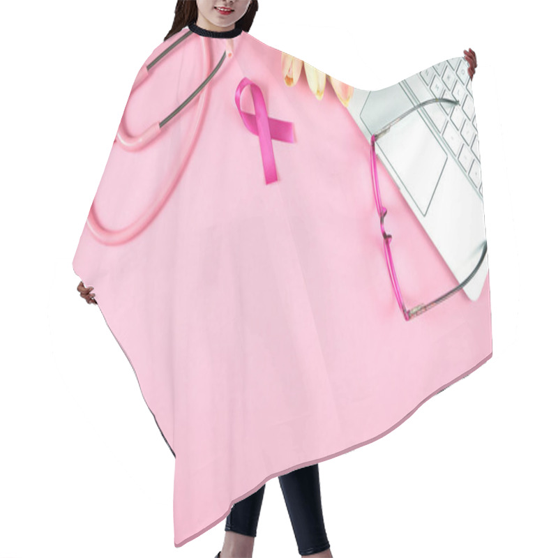 Personality  Pink Ribbon Breast Cancer Awareness Month Doctors Desk Concept With Copy Space. Hair Cutting Cape