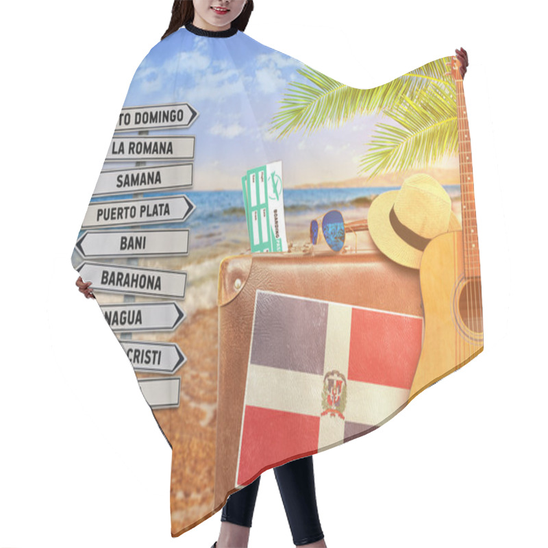 Personality  Concept Of Summer Traveling With Old Suitcase And Dominican Republic Town Sign With Burning Sun Hair Cutting Cape