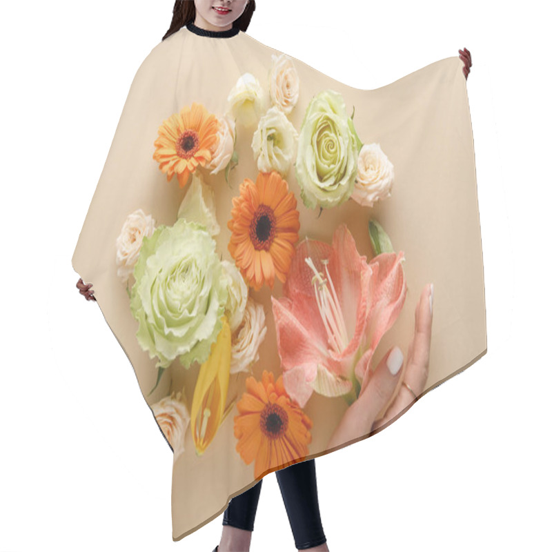 Personality  Top View Of Spring Flowers And Female Hand On Beige Background Hair Cutting Cape