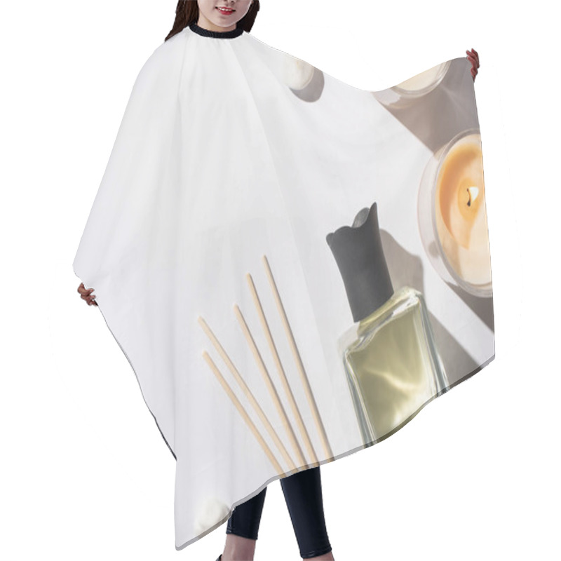 Personality  Top View Of Aroma Sticks With Perfume In Bottle Near Stones And Candles On White Background Hair Cutting Cape