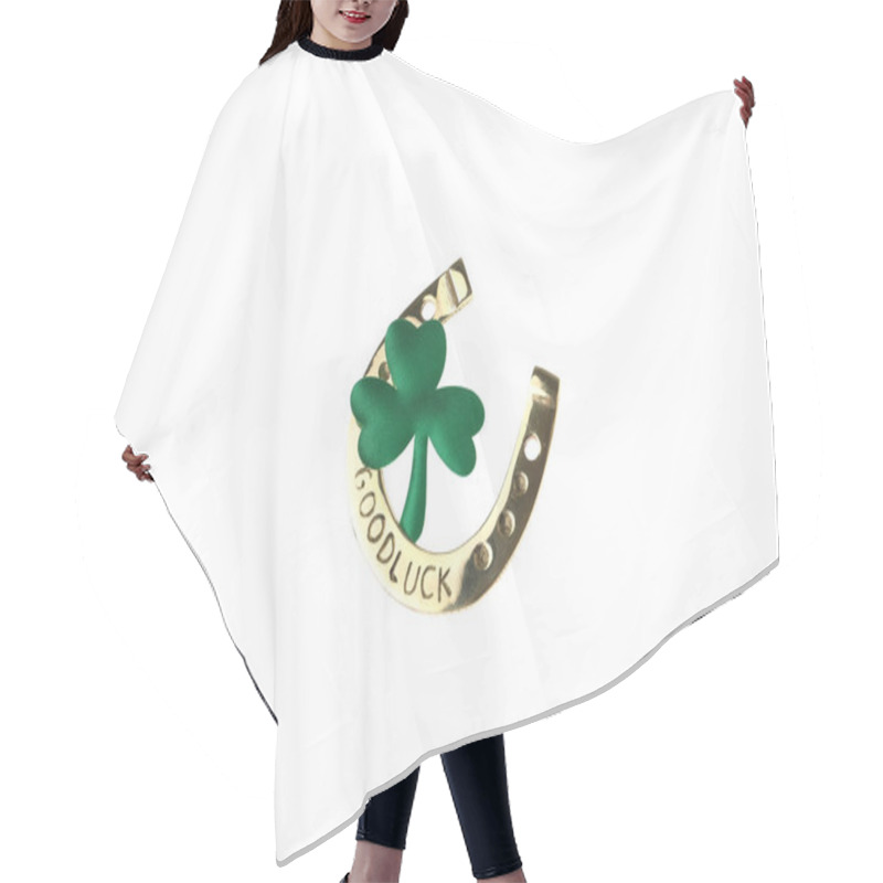 Personality  Golden Horseshoe With Phrase GOOD LUCK And Clover On White Background. St. Patrick's Day Celebration Hair Cutting Cape