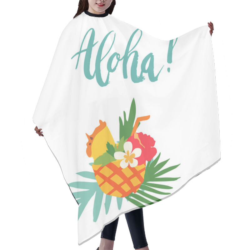 Personality  Minimal Summer Trendy Vector Illustration In Scandinavian Flat Style. Exotic Pineapple Cocktail With Mint, Flowers, Straw. Handwritten Lettering Aloha. Palm Leafs. Design Elements Isolated On White. Hair Cutting Cape