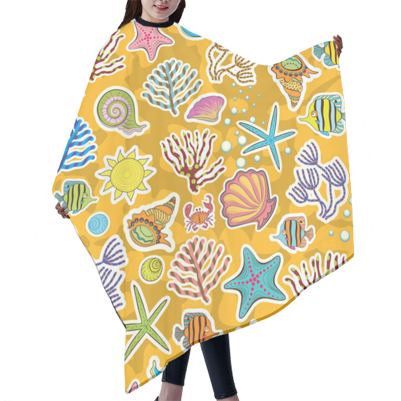 Personality  Seamless Sunny Background. The Decor Of The Sea Creatures, Fish And Seaweed. The Symbol Of The Seas And Oceans Hair Cutting Cape