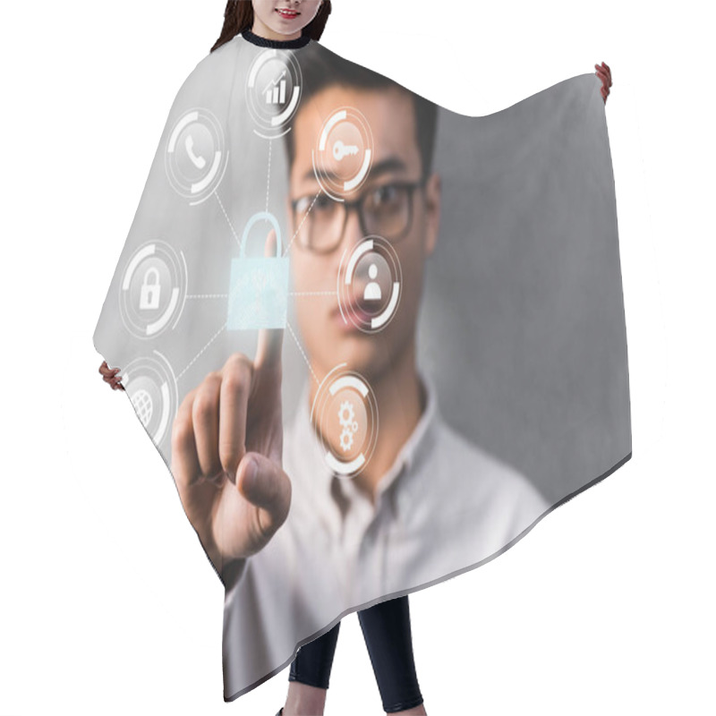 Personality  Selective Focus Of Asian Businessman Touching Padlock Illustration  Hair Cutting Cape