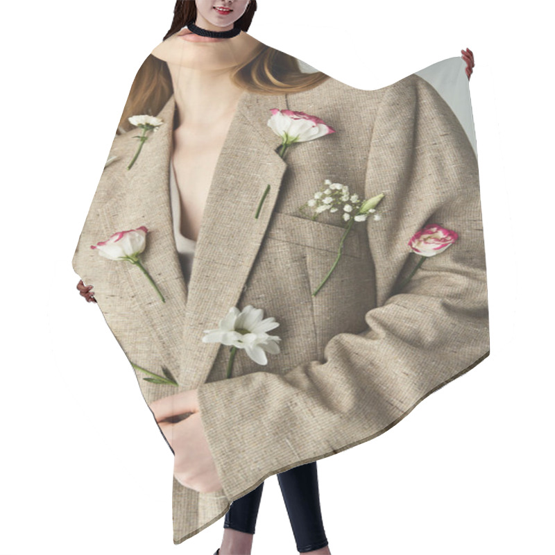 Personality  Gracefully Showcasing A Linen Blazer Decorated With Fresh Flowers. Hair Cutting Cape