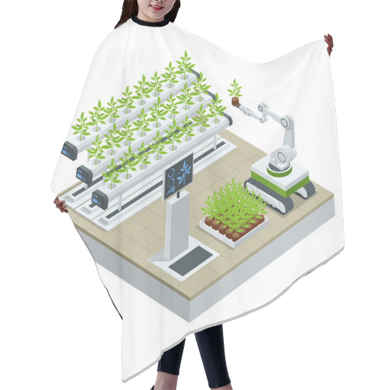 Personality  Isometric Modern Smart Industrial Greenhouse. Artificial Intelligence Robots In Agricultural. Organic Food, Agriculture And Hydroponic Conccept. Hair Cutting Cape