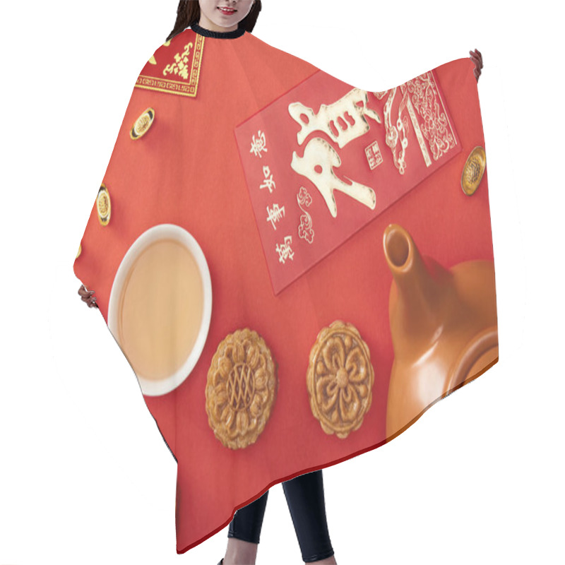 Personality  Top View Of Traditional Mooncakes With Chinese Hieroglyphs And Tea Isolated On Red Hair Cutting Cape