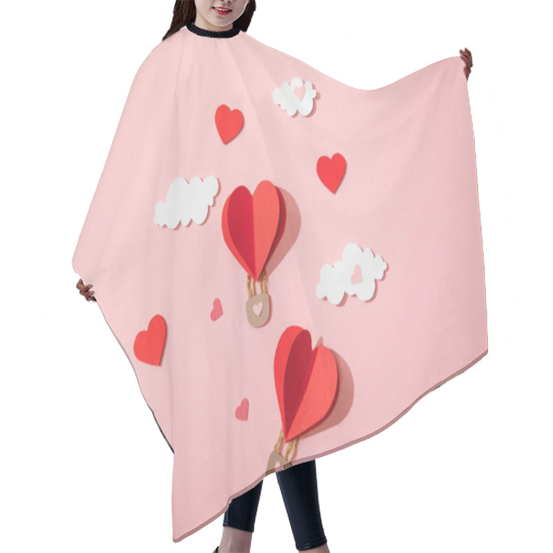 Personality  Top View Of Paper Heart Shaped Air Balloons In Clouds On Pink Hair Cutting Cape