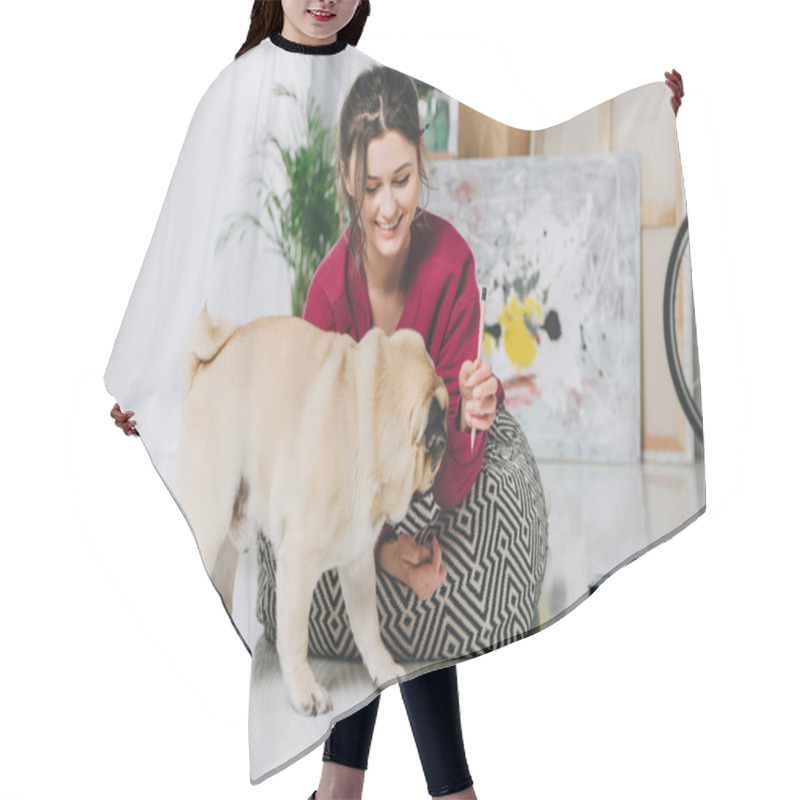 Personality  Pretty Lady Playing With Pug Puppy On Floor Hair Cutting Cape