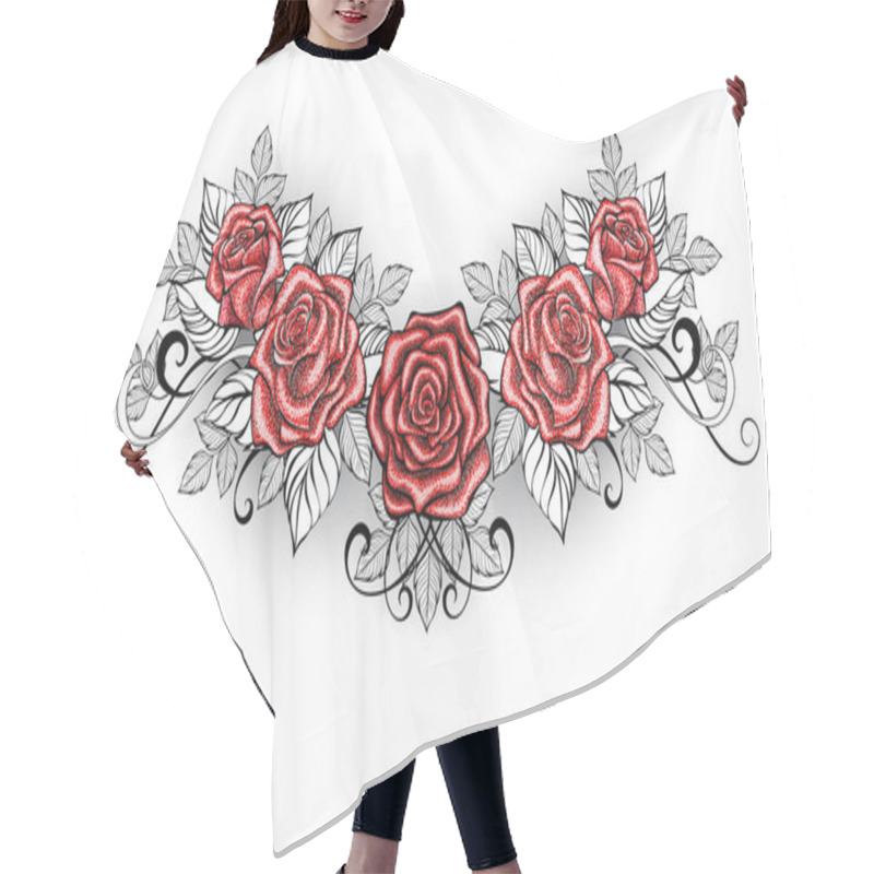 Personality  Dotwork Red Roses Tattoo On White Background. Hair Cutting Cape