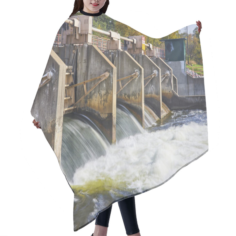 Personality  Sunlit View Of Argo Dam On Michigans Huron River, Showing Dynamic Water Cascade And Sturdy Steel Infrastructure Amidst Early Autumn Foliage Hair Cutting Cape