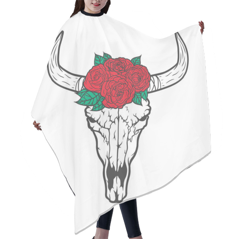 Personality  Bull Skull With Roses Native Americans Tribal Style. Dotted Tattoo Blackwork. Vector Hand Drawn Illustration. Boho Design Hair Cutting Cape