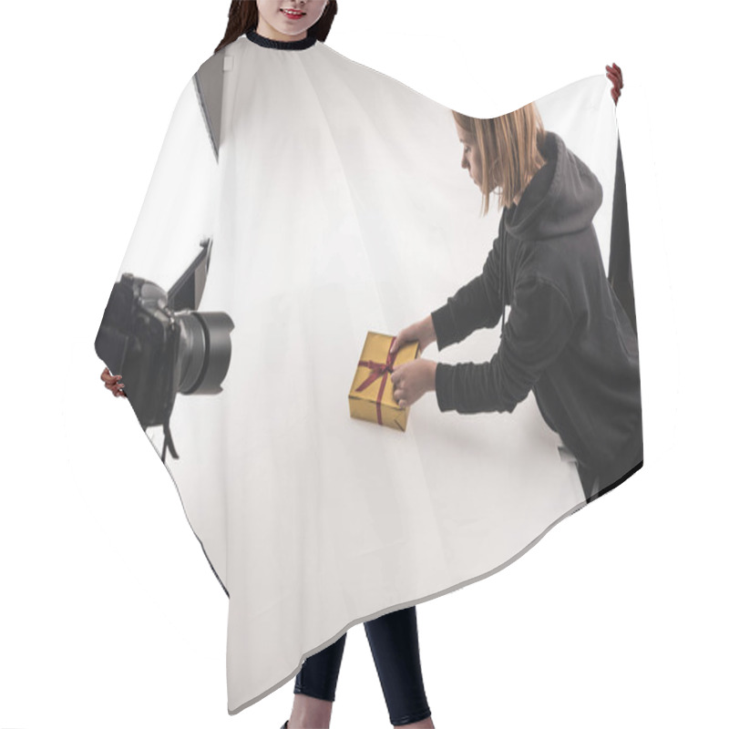 Personality  Beautiful Photographer Taking Photos Of Christmas Gift On Digital Camera On White In Photo Studio Hair Cutting Cape