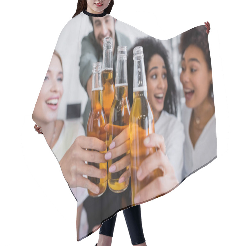 Personality  Blurred And Happy Interracial Group Of Friends Clinking Bottles Of Beer  Hair Cutting Cape