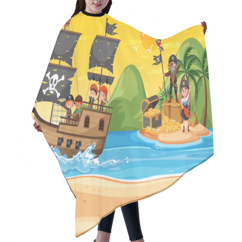 Personality  Treasure Island Scene At Sunset Time With Pirate Kids Illustration Hair Cutting Cape