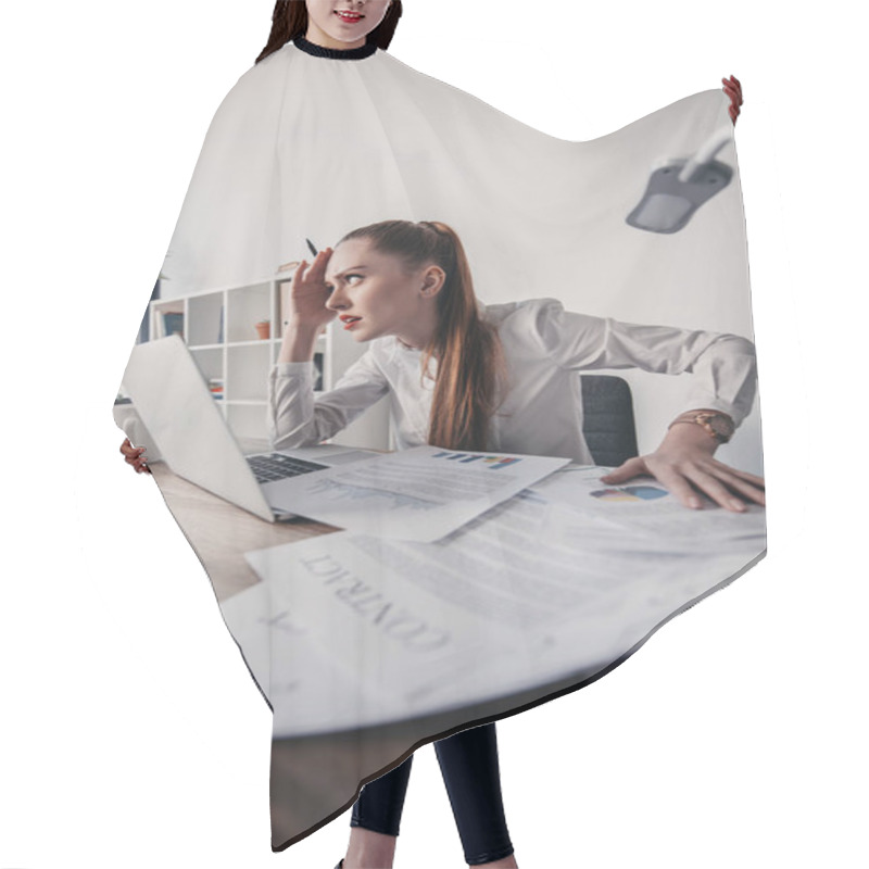 Personality  Stressed Businesswoman With Laptop Hair Cutting Cape