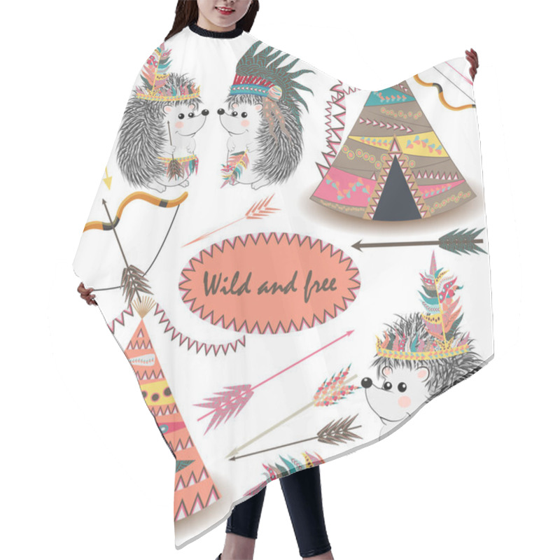 Personality  Tribal Collections Set With Teepee Tens, Arrows, Feathers, Tribal Borders, Indian Hedgehog And Feather Headdress. Hair Cutting Cape