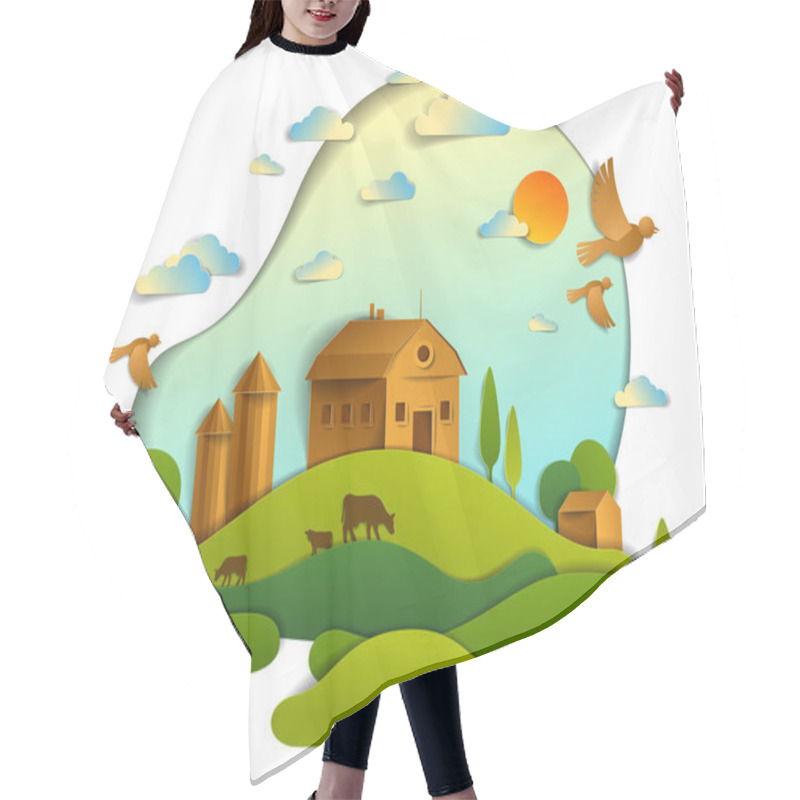 Personality  Scenic Landscape Of Farm Buildings Among Meadows Trees And Birds In Sky, Vector Illustration Of Summer Time Relaxing Nature In Paper Cut Style. Countryside Beautiful Ranch. Hair Cutting Cape