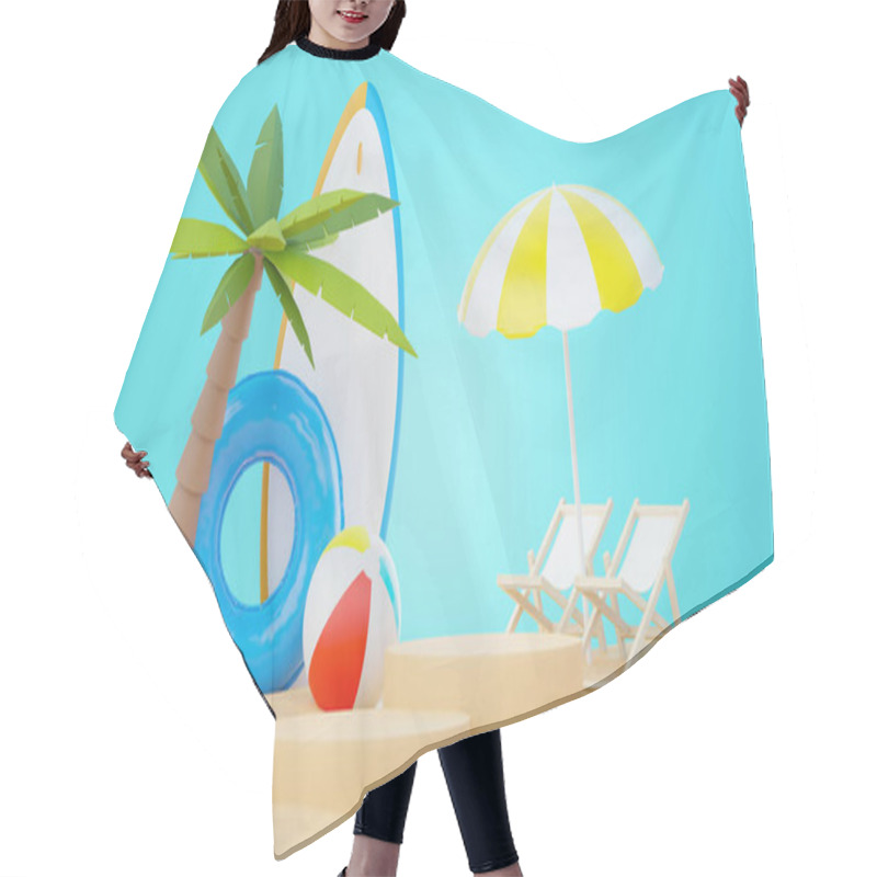 Personality  3d Render Summer Sale Podium Stand For Showing Product. Beach Vacations Scene In Summer For Mock Up. Hair Cutting Cape