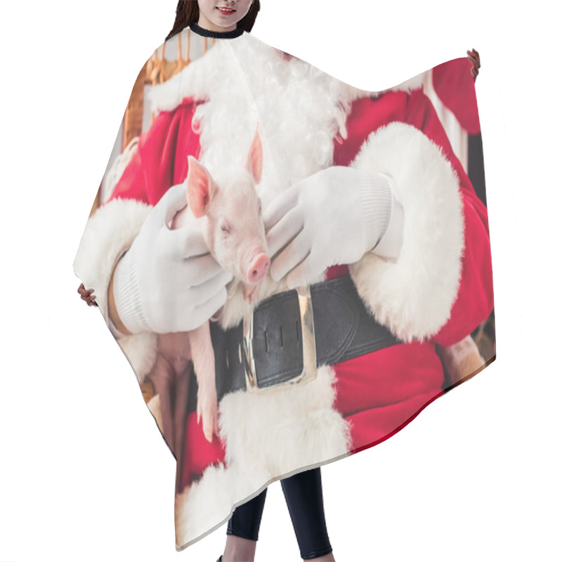 Personality  Cropped Shot Of Santa Holding Pig And Sitting In Rocking Chair Hair Cutting Cape