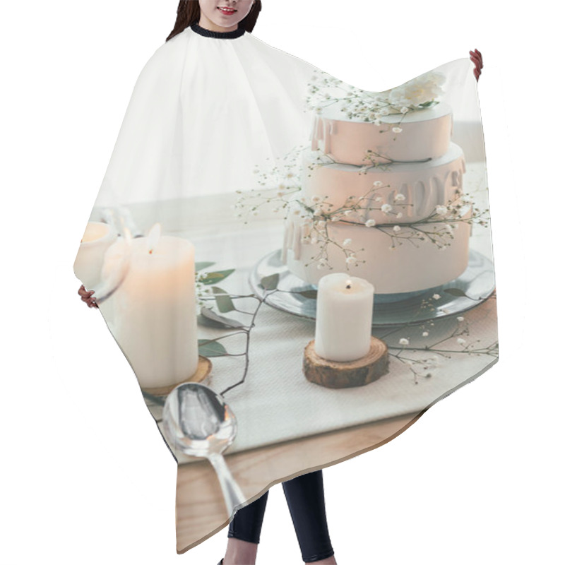 Personality  Close Up View Of Stylish Table Setting With Candles And Wedding Cake For Rustic Wedding Hair Cutting Cape