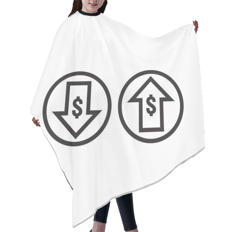 Personality  Dollar Increase Decrease Icon. Money Symbol With Arrow Stretching Rising Up And Drop Fall Down. Business Cost Sale And Reduction Icon. Vector Illustration. Hair Cutting Cape